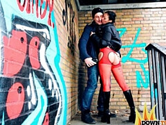 Lusty babe in red stockings Mareen DeLuxe is trying hard outdoor fuck