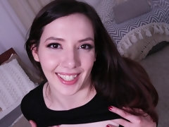 Brown-eyed minx Ember Stone sucks big juicy cock in POV