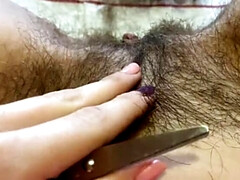 Hairy Pussy Haircut Close-Up - Cute Blonde MILF Trims Bush