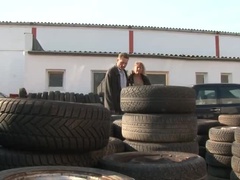 German amateur Petra Wegat gets her enormous boobs out for public anal and blowjob on wrecked cars