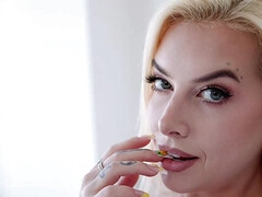 Tattooed blonde with pierced nipples sucks in POV