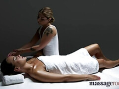Massage Rooms Gorgeous tanned flexible lesbians make each other cum