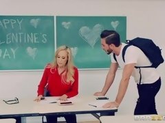 Big-boobed teacher in stockings Brandi Love fucks with a young stud