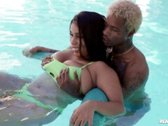 Curvy black bitch with tattoos pleasures Damion by the pool