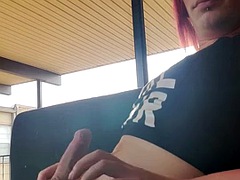 Punk tranny pulls on her pajamas, jerks off outdoors