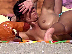 Real Amateur Big Boobs stripped to the waist milfs Close-up spycam Beach
