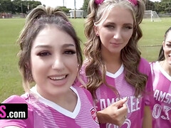 Soccer Girls Freya von Doom, Macy Meadows & Violet Gems Take Turns Riding Their Trainers Dick - POV foursome