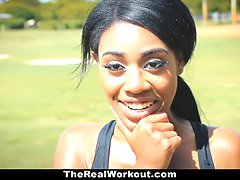 Watch curvy ebony Brittany White get pounded hard after a hard workout by her trainer