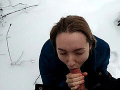 Walk in snowy forest revved into gasping on hot cum