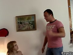 Angry guy takes rough throat and cunt banging