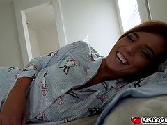 Scarlett Maes tight teen pussy gliding over her stepbros hard dick