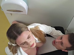 Gloryhole busty 19 year old slut mouth jizzed after fucking in toilet
