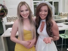 Whorish bride and her pretty blonde friend pleasuring inked dude in POV