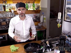 Bartender girl has a boisterous twosome in front of her silent boyfriend - Cuckold reality