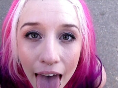 Pink-haired slut sucks thick throbbing cock for some cash