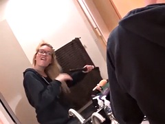 Blonde with glasses makes a hard cock cum in the studio