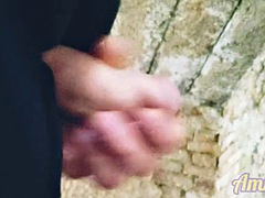 Showed his balls and cum powerfully in a dirty abandoned building