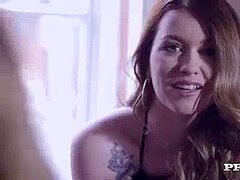 Pijpbeurt, Bruinharig, Europees, Sperma in gezicht, Geschoren, Tatoeage, Trio