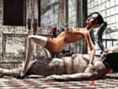 Shaved pussy, body writing, big cock