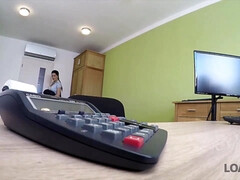 Brunette with big tits fucked by loan office worker