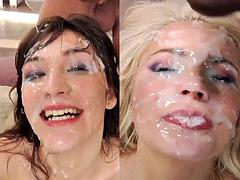 Tussi, Blasen, Braunhaarige, Viele männer bespritzen eine frau, Kompilation, Spermaladung, Gruppe, Hardcore