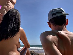 素人, ビーチ, 美人, 浮気者, キス, 公共, スペイン人, 三人