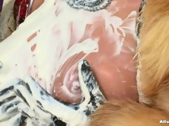 黒人, 医者, レザー, サテン, ストッキング, オッパイの, 濡れ, レスリング