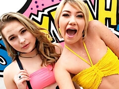 デカチン, ブロンド, フェラチオ, カワイイ, バック, 女 人男 人, オマンコ, ティーン