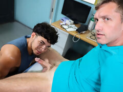 Nerdy young man lets horny male doctor check his dick a bit further