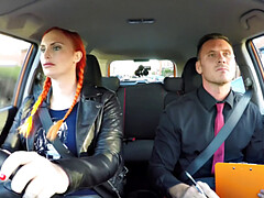 Redhead Examiner fingers her hairy pussy while instructing in car POV