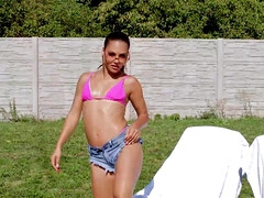 After the sunbathing she immediately hops on a cock