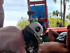 Cuckold husband watching several gifted fucking his two wives during a fishing trip