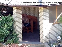 While her dad is smoking in the yard she is deepthroating off her bf