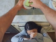 Exotic brunette gives head and gets fucked in the kitchen