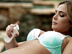 デカパイ, ビキニ, ブロンド, 茶髪の, レズビアン, なめる, アウトドア, オッパイの