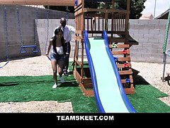 Petite asian blows big black cock step grandpa in public