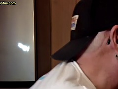 Gloryhole amateur DILF gives close up blowjob and handjob