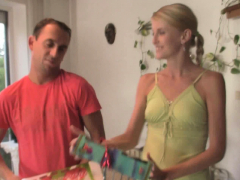 Old couple fuck blonde teen at her birthday