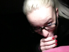 Blonde-haired nympho with glasses fucks for some cash