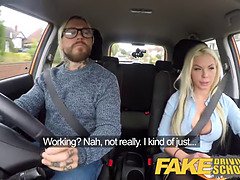 Barbie Sins gets her big tits bouncing on Dean Van Damme's fake driving test