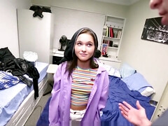 Petite College Girl Sneaks In to Football Players Dorm and Gets Caught