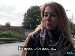 Blonde Opens Legs Outside and Gives Head For Cash - sloppy POV blowjob