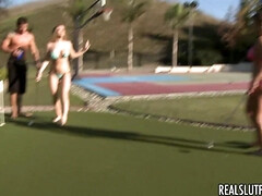 Backyard Party - big ass blonde Amber Ashlee golfing and group fucking outdoors