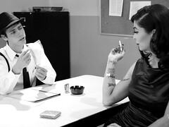 Anal, Gros seins, Noire, Sucer une bite, Brunette brune, Bureau, Transsexuelle, Jarretelles