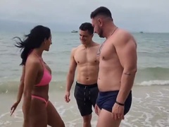 Brunette Amateur Gets Horny On Beach With Two Hot Guys Rough Threesome