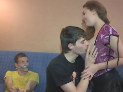 Ductaped dude must watch while another man fucks his girlfriend