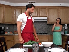 Brunette gets fucked by cook in the kitchen