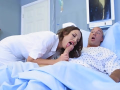 Nurse Lily Love in white nylons rides her patient on a hospital bed