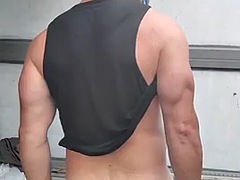 Erotic muscular athlete takes a shower after the gym and cums