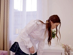 Busty 20yo College Schoolgirl in uniform and stockings Mila Azul - solo masturbation